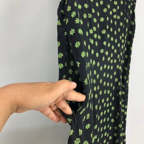 Vintage Limouran Black & Green Floral Boat Neck Sleeveless Shift Dress Pockets L - Picture 9 of 11
